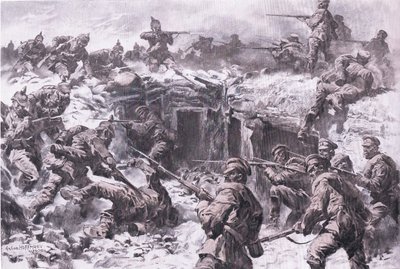 A derrota do Corpo de Granadeiros de Moscovo pelas tropas Silesianas, Prussianas e Imperiais Alemãs , de The Illustrated History of the World War 1914-1915 pub. pela Union Berlagsefellfchaft de Anton Hoffman