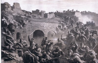 A invasão de um forte em Kavno, de The Illustrated History of the World War 1914-1915 pub. pela Union Berlagsefellfchaft de Anton Hoffman