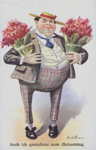 Cartão de saudação de aniversário retratando um homem carregando cachos de flores (chromolitho) de Anton Hoffmann