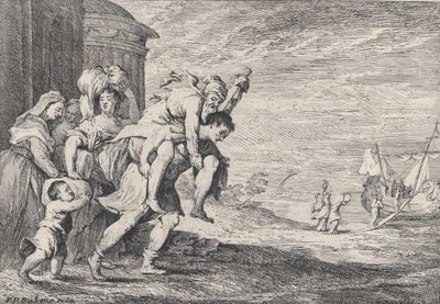 Enéias fugindo de Tróia, com um grupo de seis figuras deixando a cidade à esquerda, Enéias carregando..., 1728. de Anton Joseph von Prenner