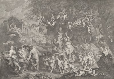 A Festa de Vênus, com grupos de sátiros, ninfas e putti dançando ao redor de uma estátua de Ve..., 1732. de Anton Joseph von Prenner