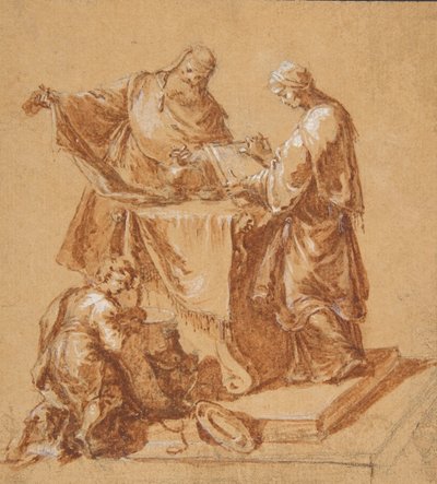 Um sumo sacerdote, a profetisa Anna e um menino ajoelhado ao redor de uma mesa, 1745. de Anton Kern