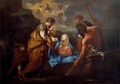 O voo para o Egipto A santa família embarca num barco. Pintura de Anton Maria Piola (1654-1715) Collezione Banca Carige Genes de Anton Maria Piola