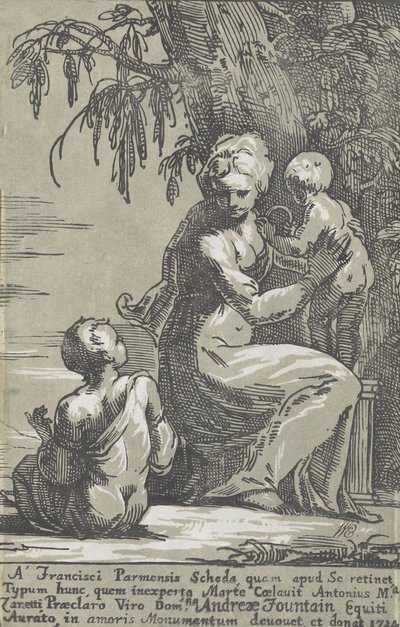 Uma mulher de pé ao pé de uma árvore segurando um bebê, com um menino sentado, 1724. de Anton Maria Zanetti
