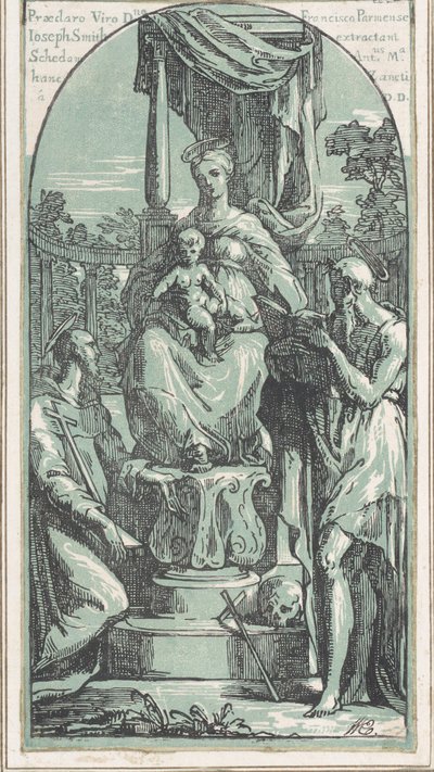 A Virgem e o Menino entronizados, São Jerônimo no canto inferior direito, São Francisco..., antes de 1749. de Anton Maria Zanetti