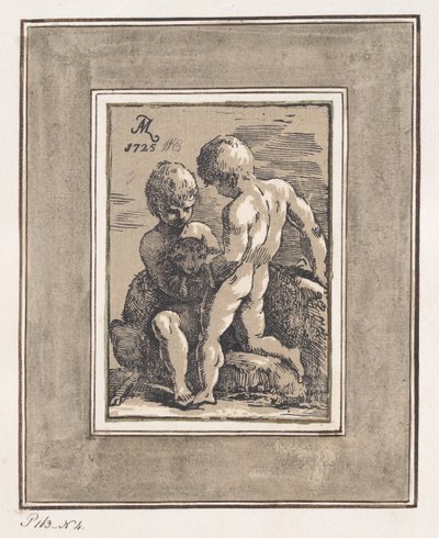 Duas crianças brincando com um cordeiro, 1725. de Anton Maria Zanetti