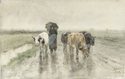 Uma pastora com vacas em uma estrada rural na chuva A esposa de um fazendeiro com vacas em uma estrada rural na chuva de Anton Mauve