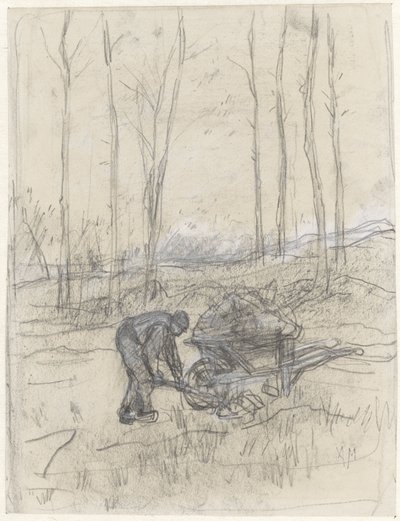 Agricultor no trabalho com um carrinho de mão na floresta de Anton Mauve