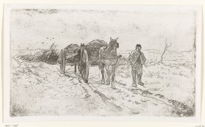 Agricultor ao lado de duas carroças puxadas por cavalos de Anton Mauve