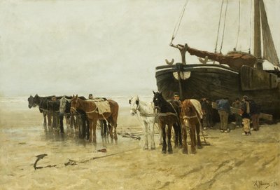 Holandês: Bomschuit com cavalos de reboque na praia de Scheveningen Barco de pesca com cavalos de reboque na praia de Scheveningen de Anton Mauve