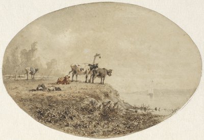 Vacas junto à água, um veleiro à distância de Anton Mauve
