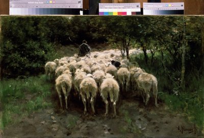 Ovelhas na floresta. Ovelhas na floresta. Pastor com um rebanho de gado visto por trás. Pintura de Anton Mauve (1838-1888). Óleo sobre tela. pintura holandesa. Museu Pushkin de Belas Artes, Moscou de Anton Mauve