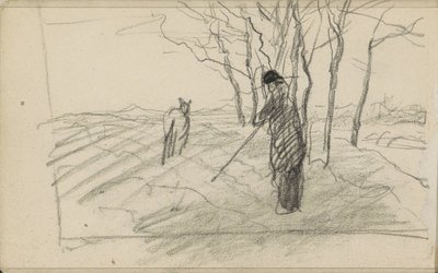 Homem de pé com um pau e um animal num campo lavrado de Anton Mauve