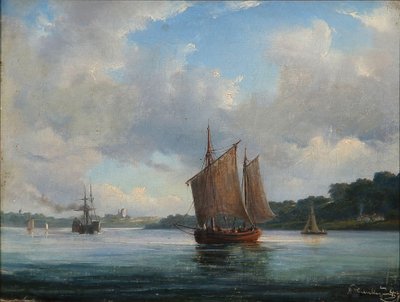 Cena do fiorde com barcos de pesca e um navio a vapor de Anton Melbye