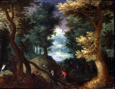 Cena da floresta com uma caça ao veado (óleo em cobre) de Anton Mirou