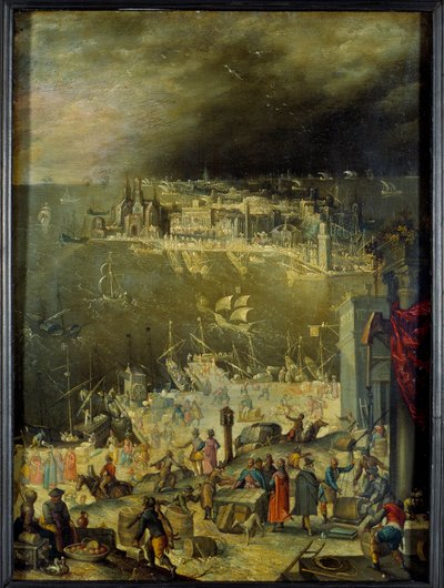 Vista de um porto marítimo Representação de actividades comerciais, descarga de mercadorias, transacções nas docas do porto. Pintura atribuída a Anton Mozart (1573-1625), Sun. 0,3x0,22 m paris, musee du Louvre de Anton Mozart