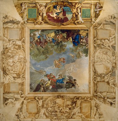 Apolo e Athena recompensando Talentos e Minerva ladeados por caryatids e medalhões representando Marte, Vénus, Hércules e Cibele, de Anton Raphael Mengs de Anton Raphael Mengs