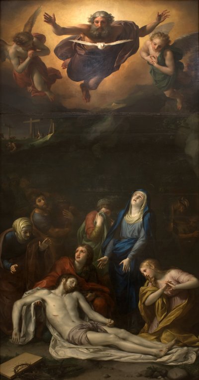 A Descida da Cruz - Entre os personagens representados ao redor do corpo de Jesus Cristo: São José de Arimatéia, São Nicodeme, Santa Maria Madalena, a Virgem Maria e São João Evangelista - Representação da Santíssima Trindade (Deus, Jesus Cristo de Anton Raphael Mengs