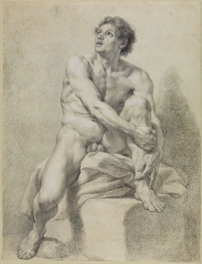 Nu masculino sentado, quase de frente, com a perna esquerda levantada e segurada com ambas as mãos de Anton Raphael Mengs