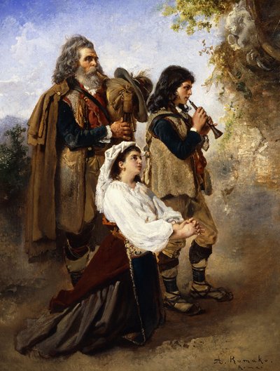 Pagãos diante do altar; Pifferar na frente de um altar, de Anton Romako