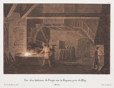 Interior de uma forja perto de Huy, Bélgica, gravada por Jean-Baptiste Jobard (1792-1861) (lito tingido) de Anton de after Howen