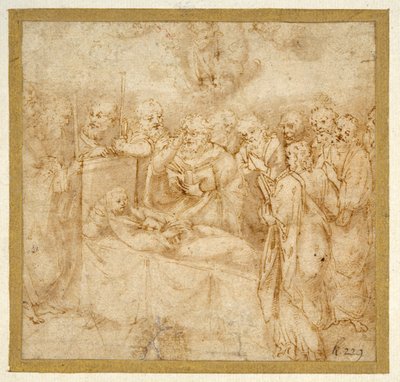 The Dormition of the Virgin (caneta e tinta marrom com lavagem marrom sobre papel branco) de Antonello Gaggini