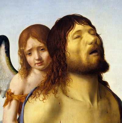 Detalhe da pintura "O Cristo morto apoiado por um anjo" de Antonello da Messina (1430-1479) 1476-1479 Sol. 0,74x0,51 m Madrid, Museu do Prado. de Antonello da Messina