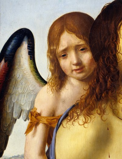Detalhe da pintura "O Cristo morto apoiado por um anjo" de Antonello da Messina (1430-1479) 1476-1479 Sol. 0,74x0,51 m Madrid, Museu do Prado. de Antonello da Messina