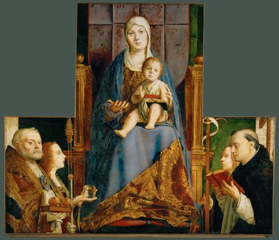 Santa Maria e o menino com os santos Nicolau de Bari, Anastácia, Úrsula, Domingos e Helena de Antonello da Messina