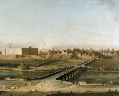Vista da cidade de Madrid com o Palácio Real ca 1750 da margem direita do rio Manzanares, detalhe (óleo sobre tela) de Antonia de dipi Joli