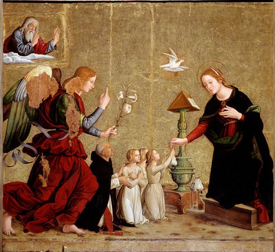 Anunciação com o cardeal Juan de Torquemada (pintura, c.1460) de Antoniazzo Romano
