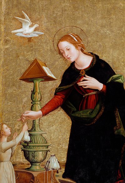 Detalhe da Virgem, de Anunciação com o cardeal Juan de Torquemada (pintura, c.1460) de Antoniazzo Romano