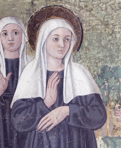 Vida de Santa Francisca Romana : Ao regressar da Basílica de São Paulo, a santa foi apanhada em êxtase, num riacho, mas levantou-se perfeitamente seca, ao pormenor (Fresco de Antoniazzo Romano