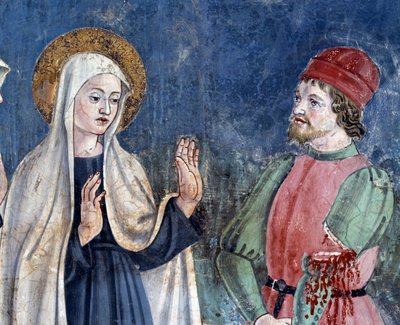 Vida de Santa Francesca Romana: No seu regresso de São João de Latrão, a santa cura um homem com um braço cortado, detalhe (Fresco de Antoniazzo Romano