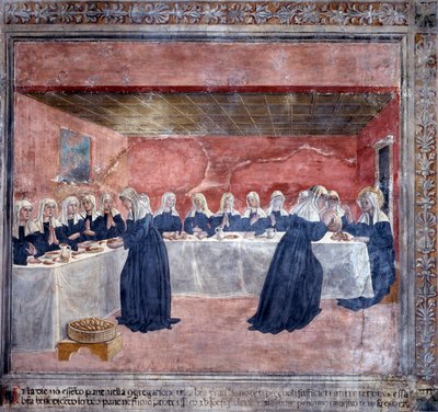 Vida de Santa Francisca Romana : Um dia não havia pão suficiente para a Comunidade, Francesca pegou nos restos, abençoou-os, e havia muito para alimentar os quinze que tinham ficado (Fresco de Antoniazzo Romano