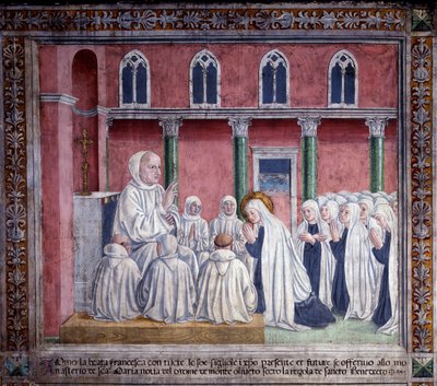 Vida de Santa Francisca Romana : A santa e os oblatos se oferecem à ordem beneditina e se estabelecem na igreja de Santa Maria Nova, Roma (Fresco de Antoniazzo Romano