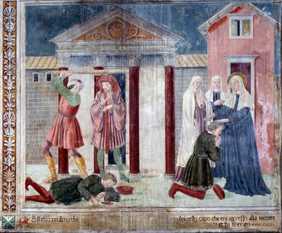 Vida de Santa Francisca Romana: A santa cura um homem espancado até à morte pelos seus inimigos (fresco de Antoniazzo Romano