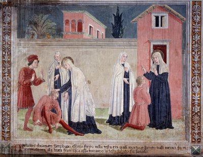 Vida de Santa Francisca Romana: A santa cura um homem ferido na cabeça (Fresco de Antoniazzo Romano