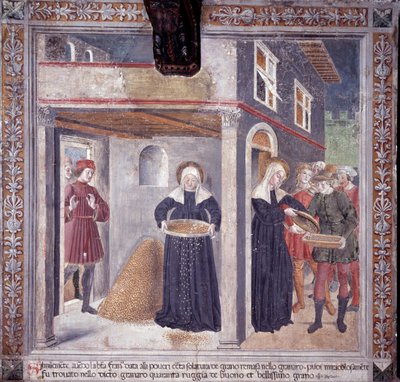 Vida de Santa Francisca Romana : durante uma grave fome em 1402, Francesca dá todo o seu grão aos pobres (Fresco de Antoniazzo Romano