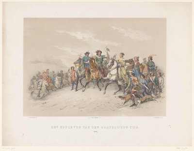 Máscara de Utrecht de 1851: vida na corte em 1296 A vida da corte da idade do conde. 1296 (título no objeto) A História Nacional. desde os primeiros tempos até o final do século XVII, em oito cenas, apresentadas em figurino por H.H. Dtudente de Antonie Johannes Groeneveldt