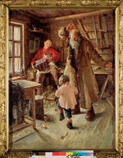 A Merry Moment (Na oficina de um carpinteiro, um menino toca acordeão para fazer uma menina e um velho dançar) - A Merry Moment - Pintura de Antonina Leonardovna Rzhevskaya (1861-1934), óleo sobre tela de Antonina Leonardov Rzhevskaya