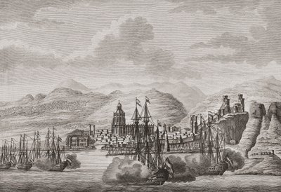 Frota holandesa ao largo de Málaga, Espanha, 1784, a disparar uma salva de tiros. (imprimir) de Antonio (after) Suntach