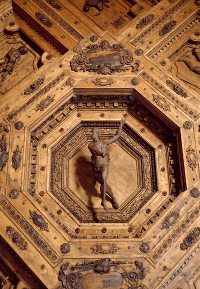 Apollo, protector do medicamento. Detalhe do teto de madeira do teatro anatômico. de Antonio (d.1663) Paolucci