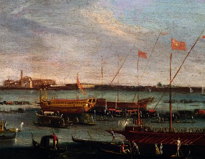 O Bucentauro (cozinha estatal dos doges de Veneza) no Lido de Veneza, óleo sobre tela, Escola de Canaletto, Itália de Antonio (studio of) Canaletto