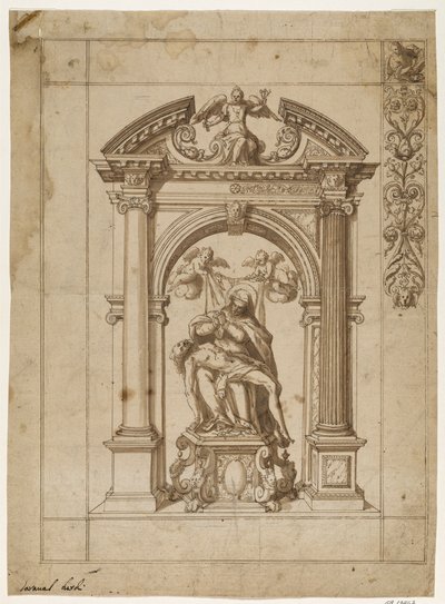 Projeto para uma bandeira processional com uma Pietà sob uma elaborada arquitetura de altar na forma de um arco triunfal e parte do desenho da borda no canto superior direito de Antonio Aliense