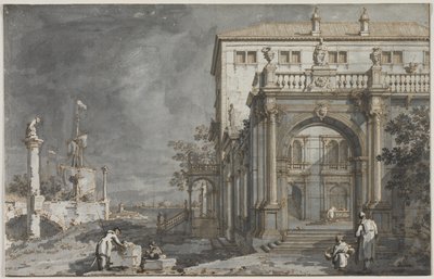 Capriccio: um palácio com pátio à beira da lagoa de Antonio Canaletto