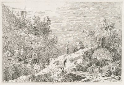 Vistas: Paisagem montanhosa com cinco pontes de Antonio Canaletto