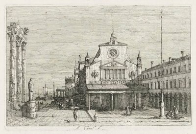 Exibições: Três colunas e uma estátua na costa do mar, 1735-1746. de Giovanni Antonio Canal