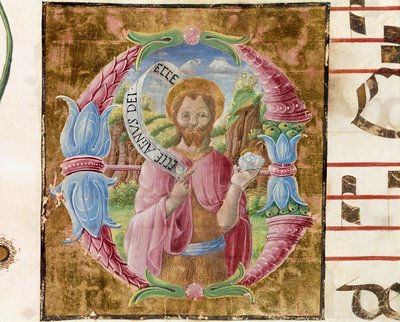 São João Batista Lettrina, iluminado por Antonio Cicognari. Detalhe de um anti-fonário. 1483. Cremone, coral 4, capitolo del duomo de Antonio Cicognara