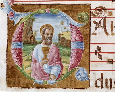 São João Evangelista Lettrina, iluminado por Antonio Cicognari. Detalhe de um anti-fonário. 1483. Cremone, coral 4, capitolo del duomo de Antonio Cicognara